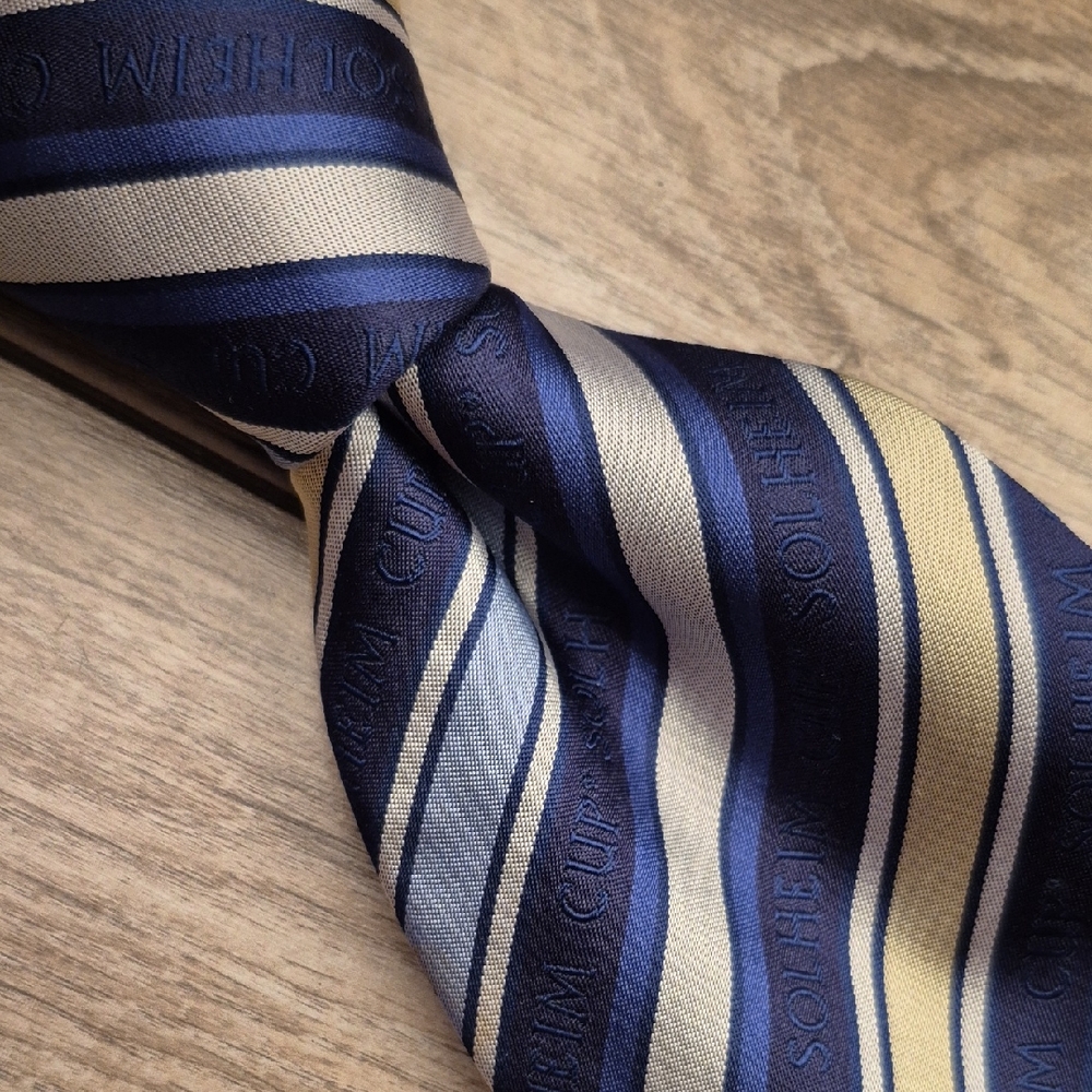 SOLHEIM CUP x Bowler & Blake Navy Beige Blue Striped Logo Mens Silk Tie